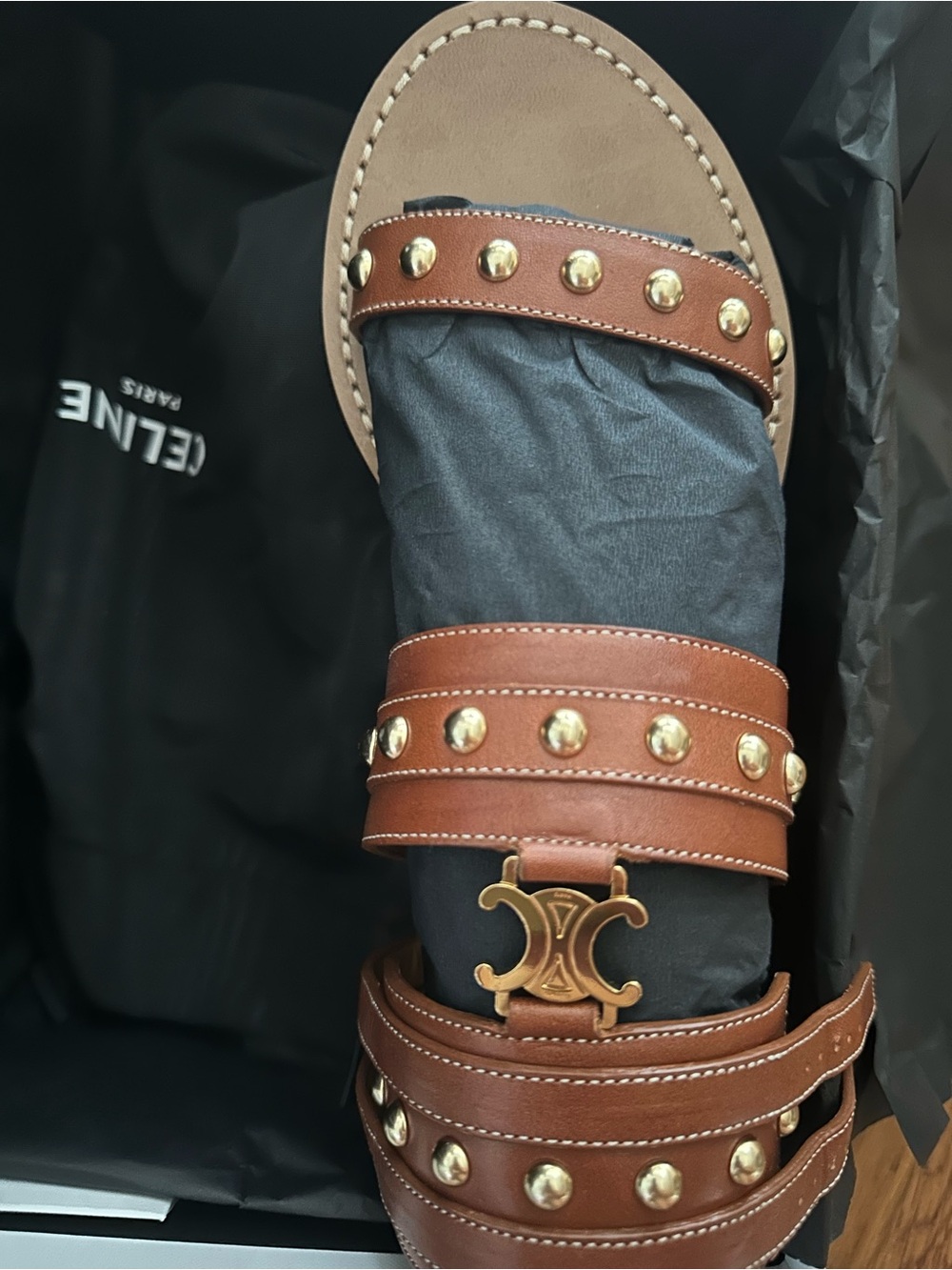 Celine Clea Triomphe Brown Leather Studded Flat Sandals with Gold Logo EU 36